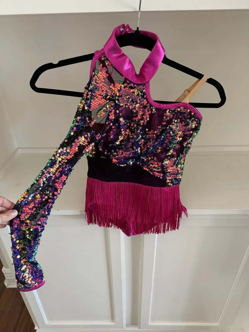 Revolution Dancewear Asymmetrical Girl’s Sequin with Fringe Dance Costume